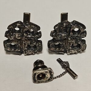 Modernist Brutalist Signed Robert Larin Cufflinks & Tie Pin Set